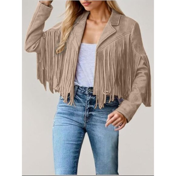 Women's Apricot Trendy Fall Western Fringe Cropped Faux Suede Leather Jackets - Picture 2 of 3